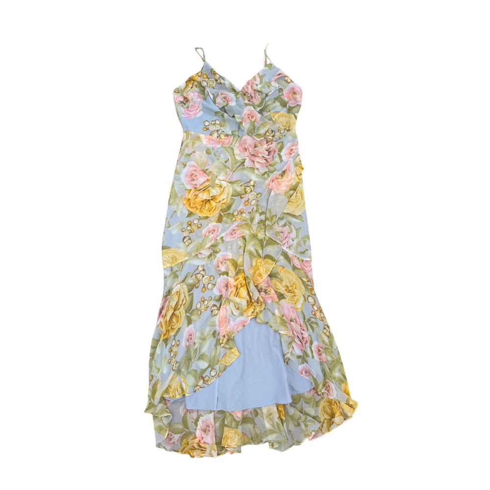 Express Floral Ruffle High Low Maxi Dress Blue Pink Yellow Size M - Picture 2 of 5